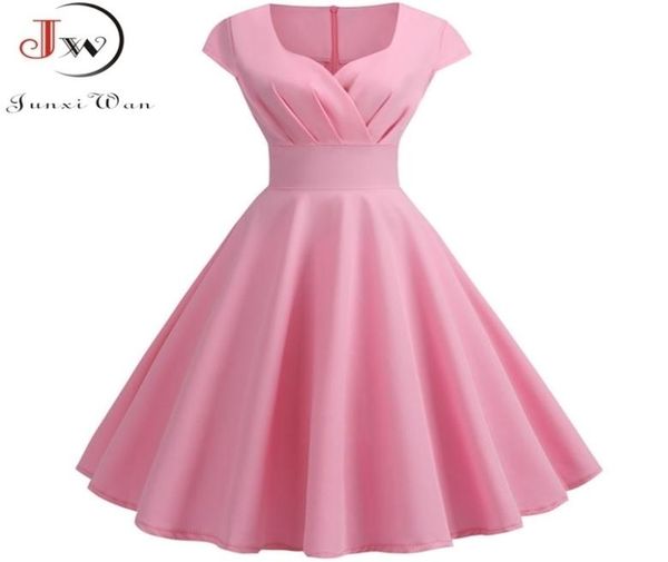 Vestido de verão rosa Mulheres v pescoço Big Swing Swing Vintage Robe Femme elegante Retro Pin Up Office Midi Dressos Plus Tamanho 2104092859410