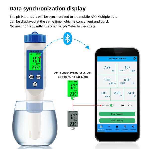 BLE-9909 Intelligente Bluetooth Saliny Meter di qualità dell'acqua Penna PH METURE PER ATTRIUMI POLCI ATTOCCHI ATUCITA