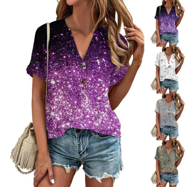 Женские футболки моды свободные летние футболки простые v шея кнопка повседневные топы с коротким рукава