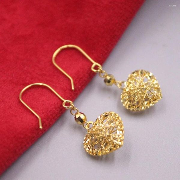 Brincos de balanço reais Pure 18k Yellow Gold Women Gift Lucky Bad Hollow Heart 2.1g