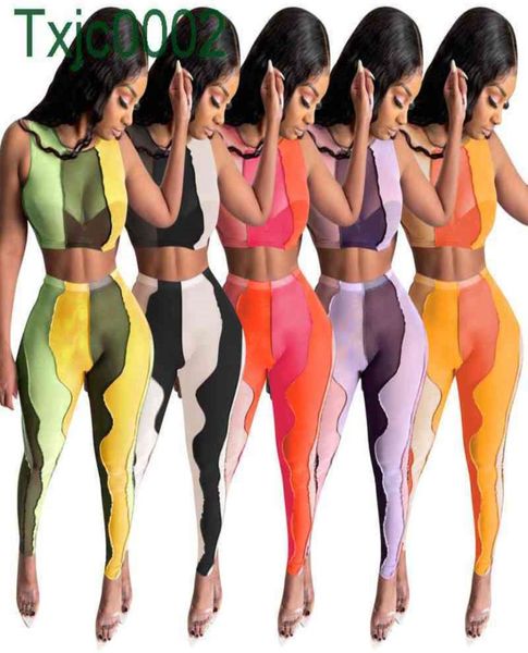 Frauen zweiteilige Hosen Designer Tracksanzuiten Slim sexy ärmellose Weste Leggings Casual Mesh unregelmäßige Farbstiche Plus SPOR7048203