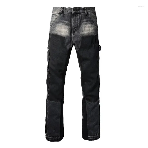 Jeans masculinos Libertarem a bainha de jeans de jeans emendado sem estiramento calças de bota solta bolsos pretos calças de carpinteiro queimado