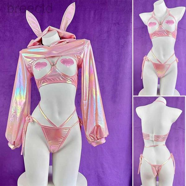 Аниме костюмы Senmhs сексуальное нижнее белье аниме -кролика для кролика косплей розовый лазерный патентный кожаный бикини кролик -девочка блестящее нижнее белье на Хэллоуин 240411