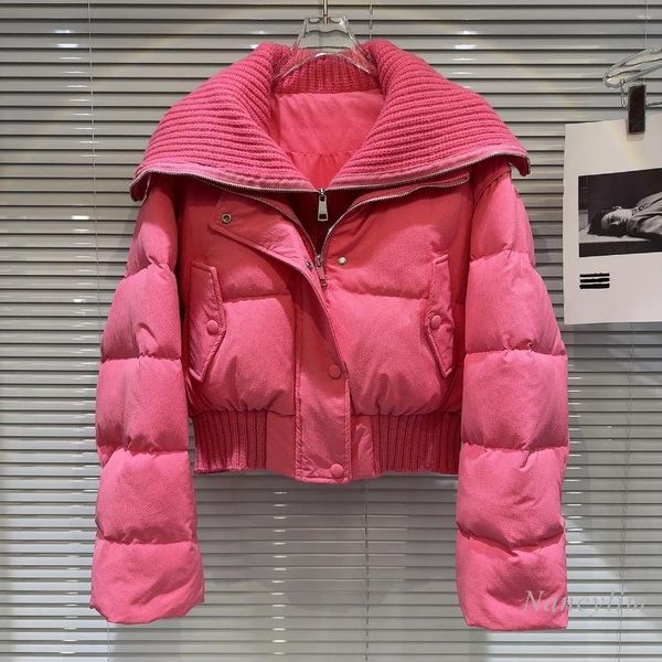 Frauenjacken 2024 Winter Rose Pink Coat Frauen gestrickt Kragen Doppel Reißverschluss Design Warm Down Liner Jacke für
