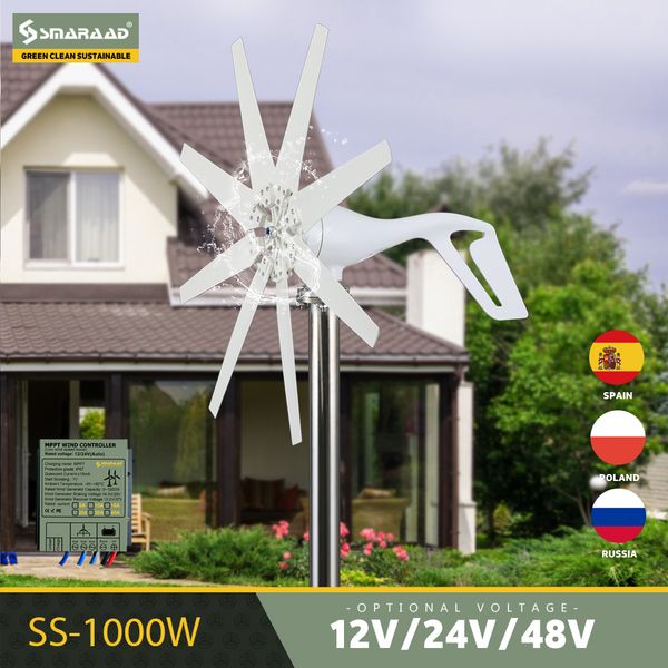 Turbina eólica horizontal de 1000W SMARAAD 12V 24V 48V Geradores alternativos de energia de vento livre com MPPT Controller