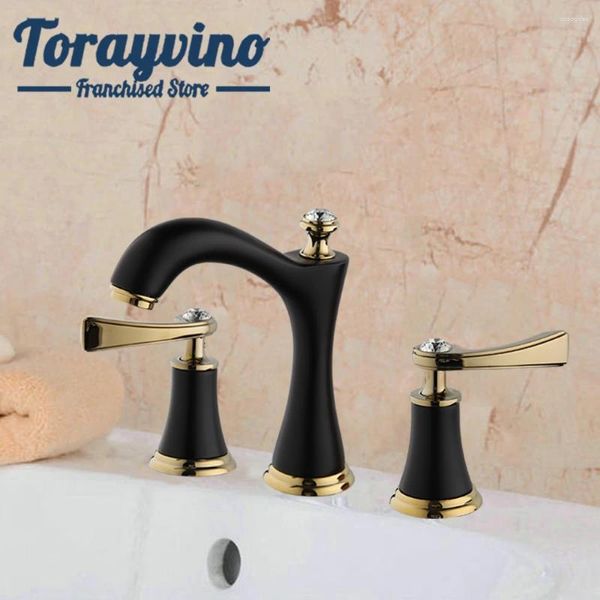 Waschbecken Wasserhähnen Mode Torneira Basin Mixer Tap Set Spout Wasserhahn mit Doppelgriff in Mablack und goldenen Wasserhäfen