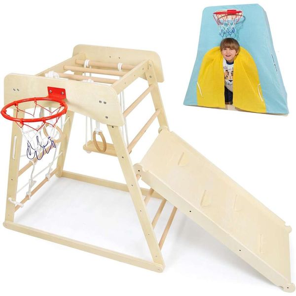 10 em 1 Montessori Jungle Gym Playground Indoor para crianças-Playset de madeira com escada de rocha, barras de macaco, balanço de anel, moldura de bola, quebra-cabeça e muito mais