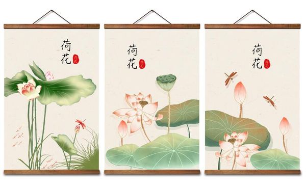 AS3046 Plantas verdes de estilo chinês Lotus Arte da parede Posters de tela