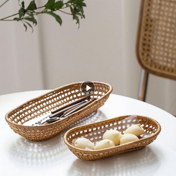 Vaso di stoccaggio rattan cesto ovale ovalo a mano vassoio pane cesto di frutta cibo per alimenti per la colazione box box decorazione da cucina casa