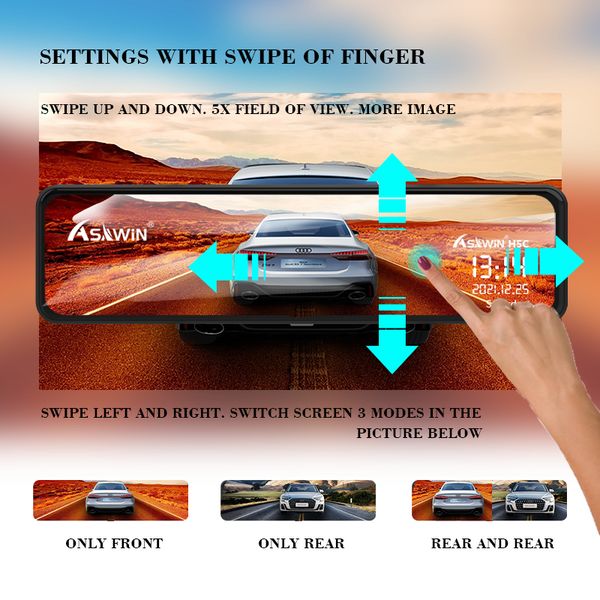 Asawin H9Pro UHD 2K Wi -Fi Зеркальный визуальной камеру для автомобильной камеры для автомобильной камеры Двойной линз передний и задний 11 -дюймовый сенсорный экран IPS Ночное видение