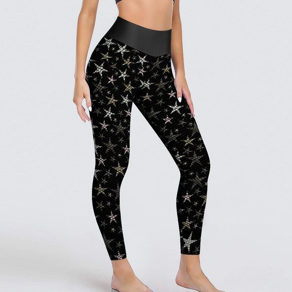 Estrelas brilhantes leggings sexy preto prata estrelas brilhantes impressão na cintura alta ioga calças