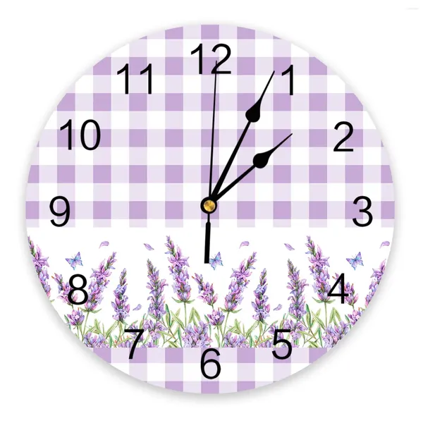 Orologi da parete Purple Lavender Flower Butterfly Ploid Plaid Large Kids Room Orologio Silent Office Decorazioni da 10 pollici Regali sospesi