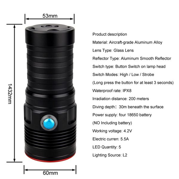 Flasona di immersione in modalità 3 Modalità 5 LED LEDO LIGHT 5000 LM Underwater 100 m lampada a torcia tattica impermeabile per 18650 batteria