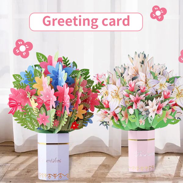 Pop -up Flower Bouquet Gugheing Card per paper di carta pop -up cartoline pop -up cartolina da festa della mamma 3d biglietti d'auguri per donne