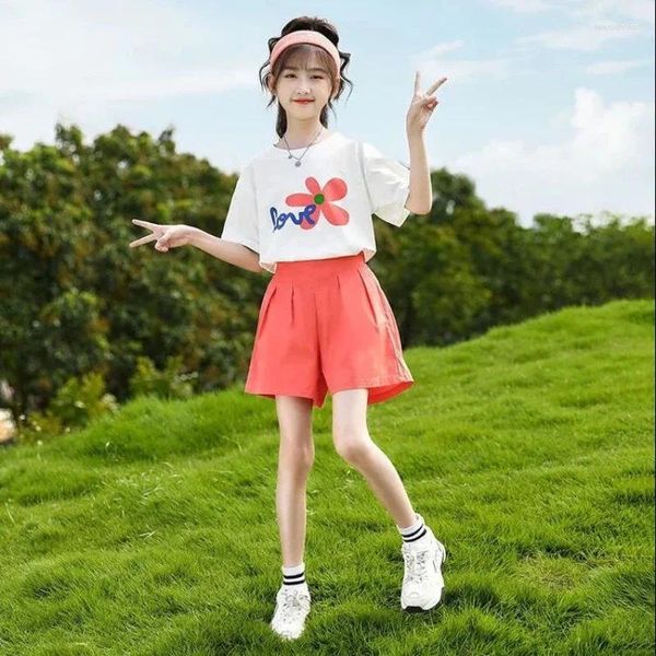 Комплекты одежды 2pc Girls Fashion и повседневное костюм 2024 Summer Thind Kids Top Short