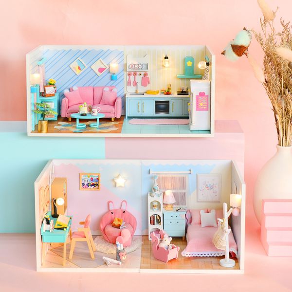 DIY Holzpuppenhäuser Miniaturgebäude Kits mit Möbeln Mini Schlafzimmer Küche Casa Dollhouse Spielzeug für Mädchen Geburtstagsgeschenke