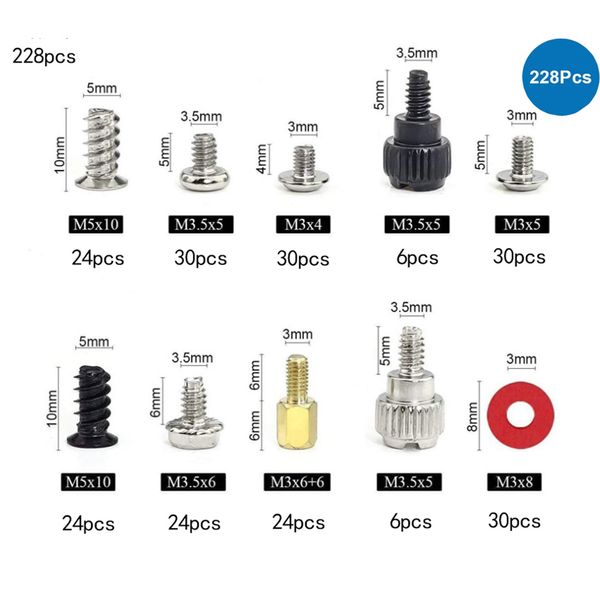 228 -teiliges Computerschraubenhalterungs -Kit, geeignet für Computer -Chassis, Festplattenmotherboard, Kühler, Lüfter, Grafikkarte