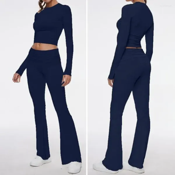 Calças de duas peças femininas 2 PCs Mulheres Top Top Skinny O Pescoço Mangas compridas Cor Pura cor elástica de ioga macia Bells Bottoms Setra Spring Spring