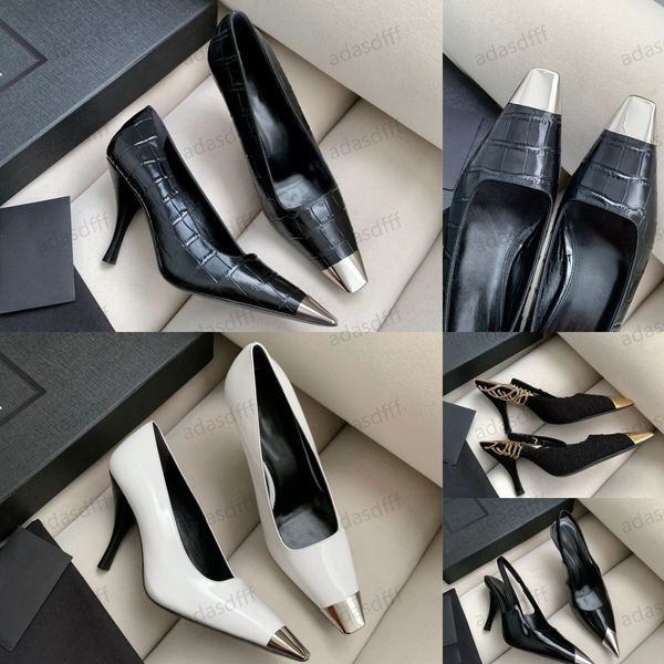 Designer 2024 New Saintlauren Heel Brand Women's High Heel Sapatos Pontos de Metal Metal V-buckle Nude preto Matte 9cm Sapatos femininos de salto fino 35-41