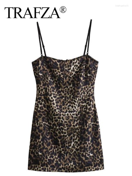 Vestidos casuais trafza feminina elegante impressão de leopardo sexy vestido sling mulher festa de moda sem costas vestidos curtos roupas