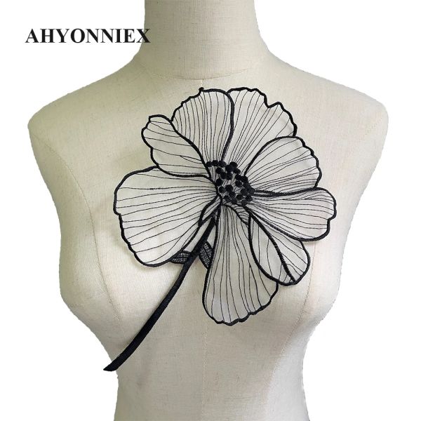 27 cm de bordado de bordado de flores de lótus preto para roupas Diy costurar em parques florais Bordando apliques de renda para camisas