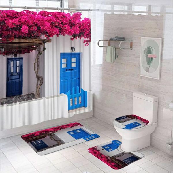 Tende per doccia Nordic Grecia edifici tende set città Street finestra blu porta fiori dell'albero bagno decorazione bagno tappeto tappeto coperchio coperchio del coperchio del coperchio