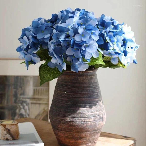 Flores decorativas 5 cabeças Hydrangea 3D Buquê de noiva de casamento diy de diy grande arranjo de decoração em casa azul azul