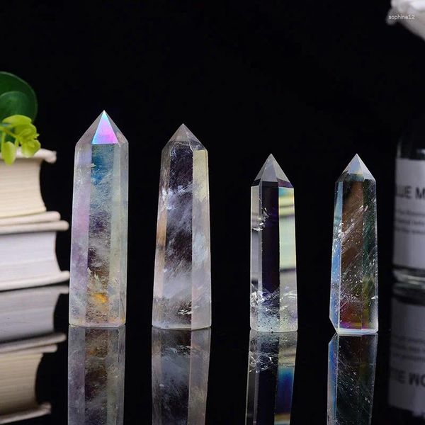 Estatuetas decorativas 1pc Natural Electroplate Coluna Hexagonal de Crystal Rock Mineral Mineral Point Point Rainbow Wand Home Decoration Reiki