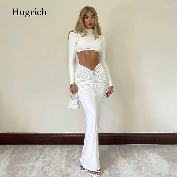 Röcke Frauen sexy Langarm Crop Tops Ruched Maxi White 2 zweiteilige Sets Party Clubwear Outfits Bleistiftrock 2024 Herbst