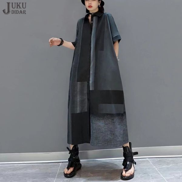 Koreanische Stilmalerei Mode Sommerfrau Langes schwarzes Hemdkleid Vintage bedrucktes lässig Locker Fit große Größe JJXD513 240411