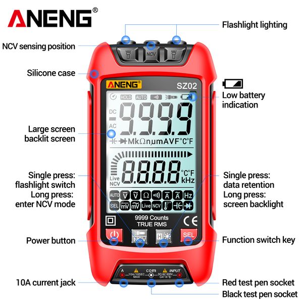 ANENG SZ02 Smart Digital Multímetro Automático Faixa Automática CA/CC TODAGAGEM ARISTENÇÃO DA CAPACITância de Capacitância Medição de Temperatura de Frequência
