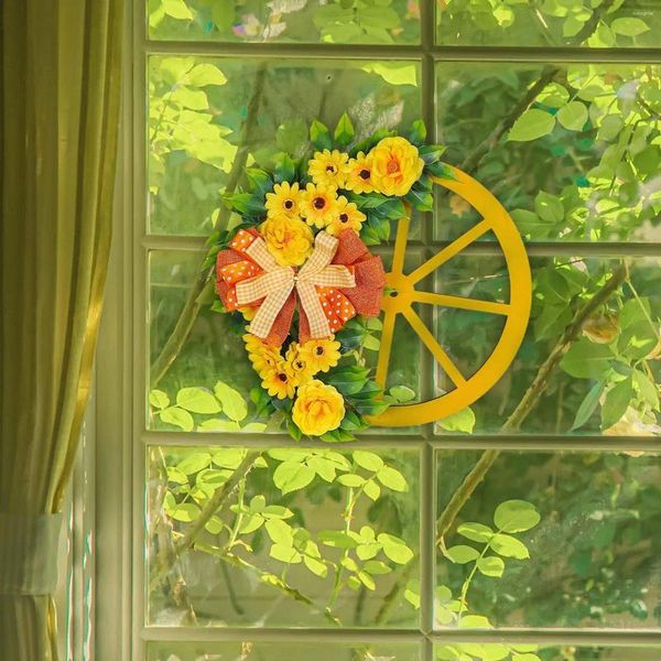 Fiori decorativi Spring Prefere Fronta Ruota in legno di legno di ghirlanda 41x41 cm Segno di benvenuto realistico a mano per portico finestra multiuso leggero