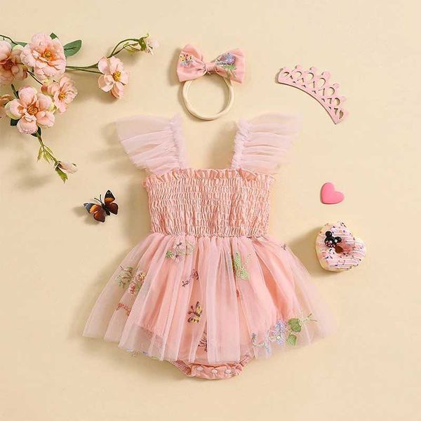 Abiti da ragazza Bambina per bambini Summer Comanper vestiti fiore ricamato a magliette per tulle abbigliamento da gigottino dolce tuta a fondo triangolare con fascia per la testa