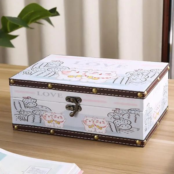 Retro Wooden Storage Box Keepsake Juwely Box mit Lock Kids Storage Chest für Schmuck Notebook Postkarten Kosmetik rote Pakete