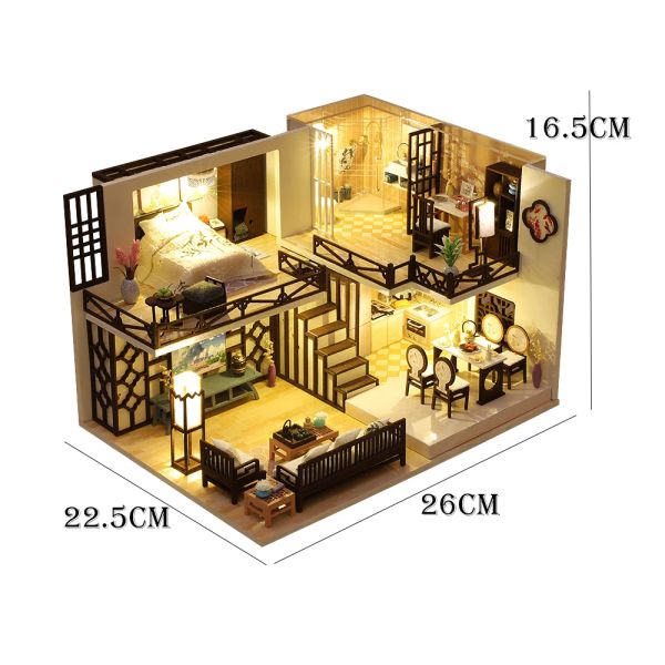 DIY Doll Wooden Doll Houses Kits de construção em miniatura Chinese Antigo Loft Dollhouse com Móveis Casa Toys for Girls Birthday Gifts