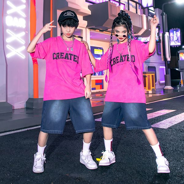 Garotas crianças hip hop jazz dança vestir verão rosa pinkneck letter impressão camiseta azul cintura elástica shorts de jeans 2pcs roupas meninos