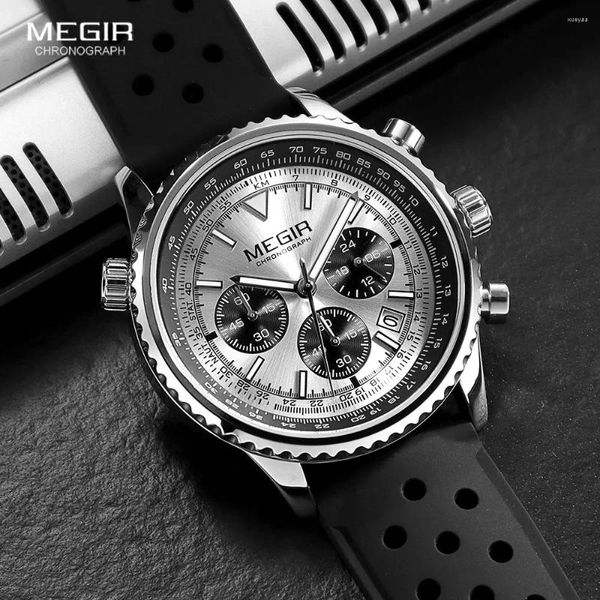 Armbanduhr Megir Silver Black Quartz Watch Männer Militär Sport Chronographen Außenwaffen mit Silikongurt leuchtend Hände Auto Date 2236