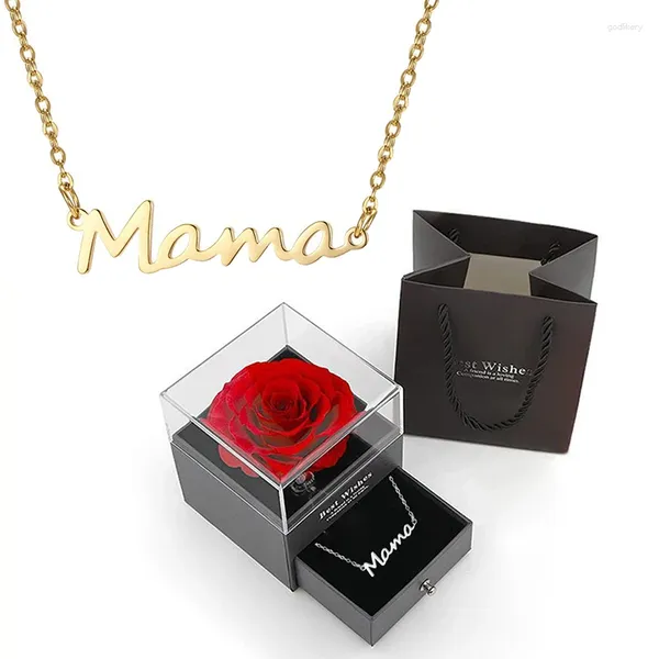 Correntes Mama Titanium Steel Colar com Luxury Rose Gift Box for Mom Mother Day 2024 Conjunto romântico