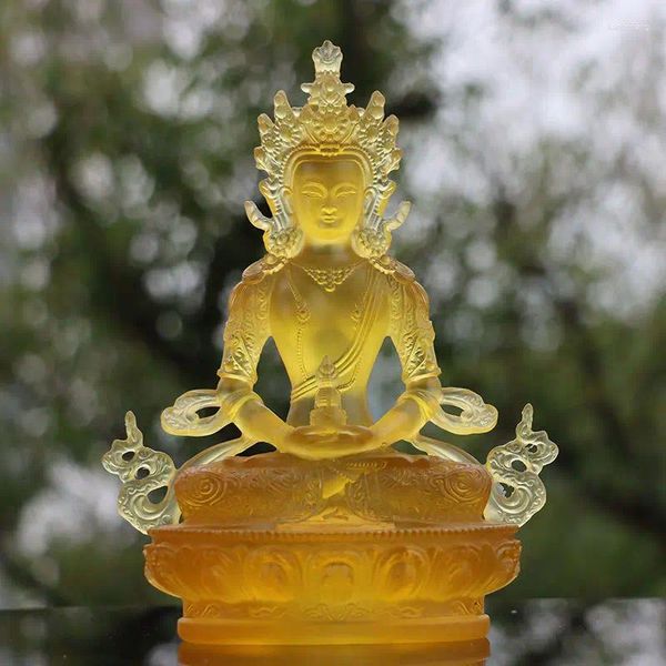 Estatuetas decorativas 20 cm de longevidade buda estátua tibetana deus de tesouro de tesouro amarelo esmalte ouro decoração de adoração a artesanato de ouro Lucky feng shui