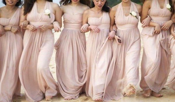 Vestidos de dama de honra de estilo de praia de estilo conversível sexy Império júnior Long blush rosa plissado de chiffon praia vestidos 20191672855