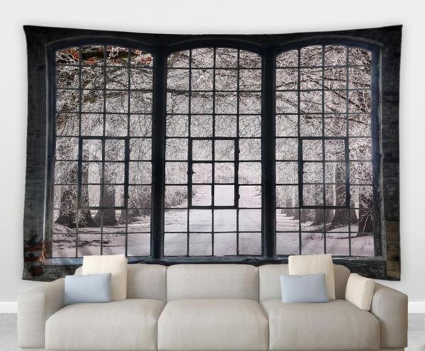 Wandteppiche Retro Vintage Fenster Tapisserie Weißer Schneelandwaldbaum Winter Landschaft lebende Schlafzimmer Wandbettdecke Wand Hang676951