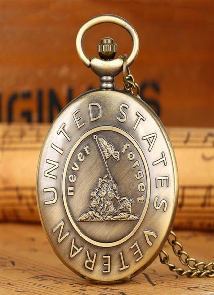 Bronze Erinnere dich an die Geschichte der Geschichte der Vereinigten Staaten Veteran Pocket Watch Frauen Quarz analog Uhren mit Halskette Kette Full Hunter ARA5238938