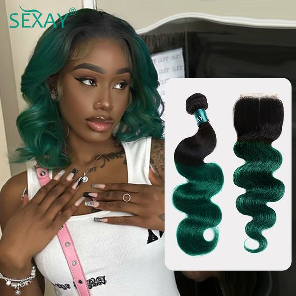 1b blaue kurze Bündel mit Verschluss Körper Welle Ombre Pink Turquoise Purple Human Hair Weave 1 PC und 4x4 Spitzenverschlüsse für Bob -Perücken