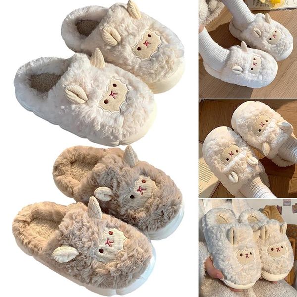 Slippers Sheep Plush закрытые пальцы, не скользящие термические тепловые милые мультипликационные животные, удобные для осенней зимы