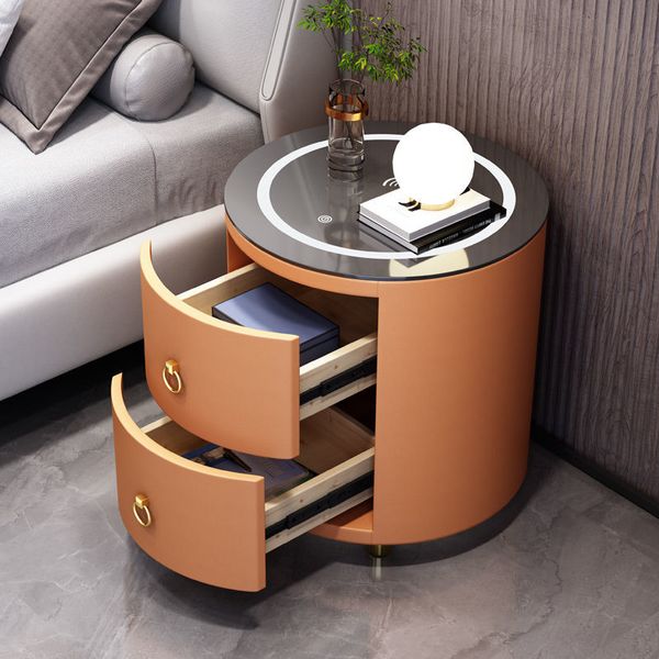 Mesa de cabeceira redonda Caminho de couro de cabeceira de madeira maciça de madeira com 2 gavetas armário de quarto móveis de quarto