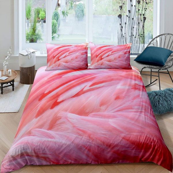 Conjunto de capa de edredão de penas rosa, base de cama de padrões de penas para meninas, bela capa de edredom rosa, tampa da tampa de pássaro Tamanho King Size