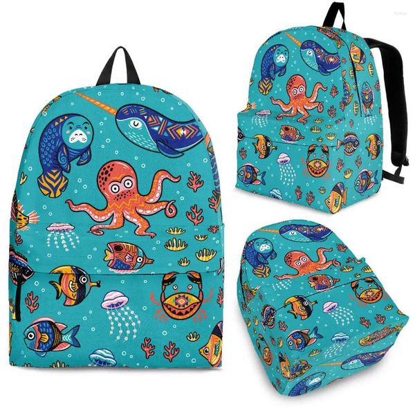 Rucksack Yikeluo Cartoon Sea Animals Design Langlebige Marke Kinderschule Blau Teenage Casual Travel mit Reißverschluss Geschenken