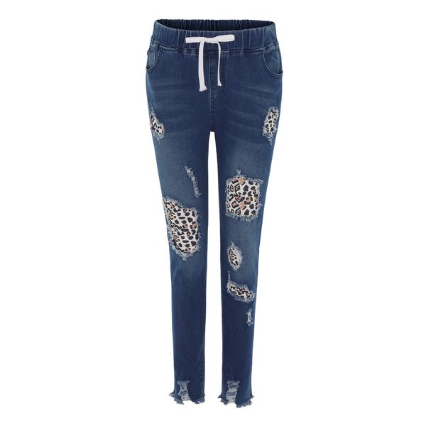 Novo Jeans Plus Size for Women Denim Leopard Print Hole na calça jeans da cintura elástica Jeans vintage para mulheres adolescentes