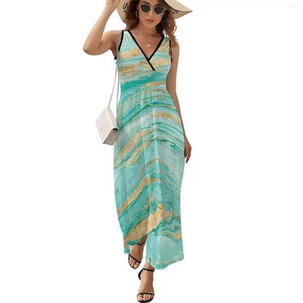 Vestidos casuais dourados vestido de impressão abstrato dourado clube de pintura em mármore maxi v pescoço na moda boho praia longa cintura alta roupas