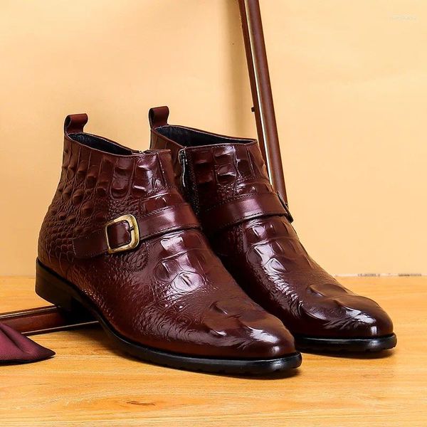 Sapatos casuais primavera e outono masculino de couro de crocodilo de alto cano masculino zíper apontado